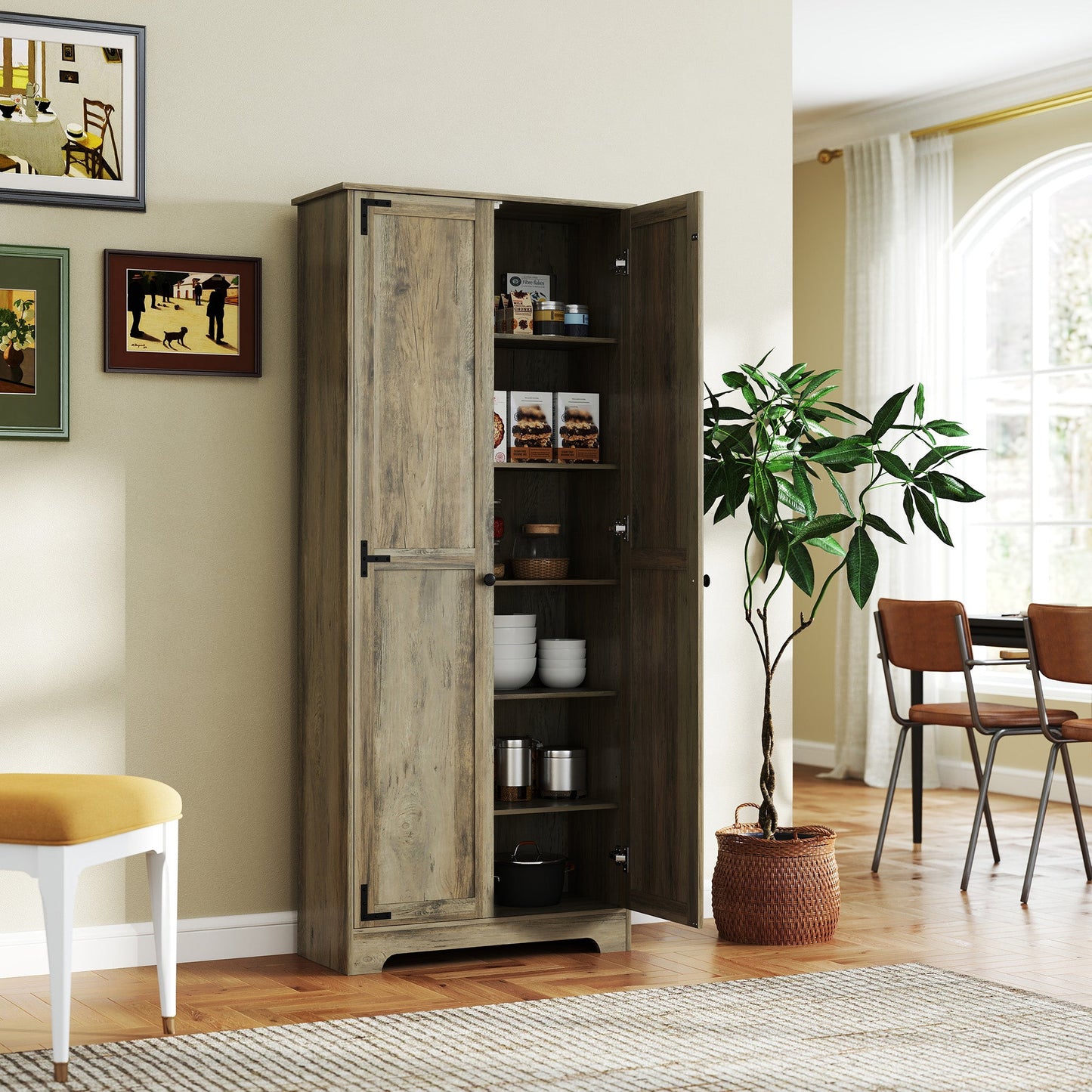 Farmhouse Kitchen Cupboard, Freestanding Kitchen Storage Cabinet with Adjustable Shelves, Tall Storage Cabinet with Recessed Doors, Grey Wood-Effect